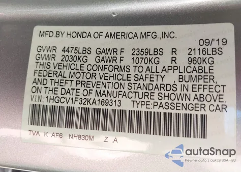 2019 Honda Accord Sport из США, поврежденный, VIN 1HGCV1F32KA169313